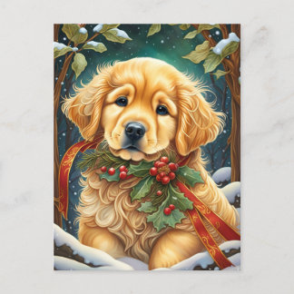 Cartes Pour Fêtes Annuelles Golden Retriever Puppy Festive Holly
