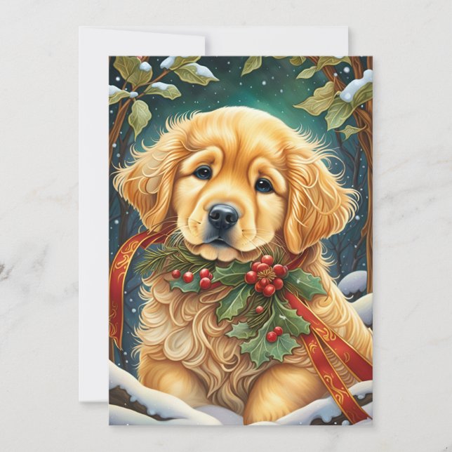 Cartes Pour Fêtes Annuelles Golden Retriever Puppy Festive Holly (Devant)