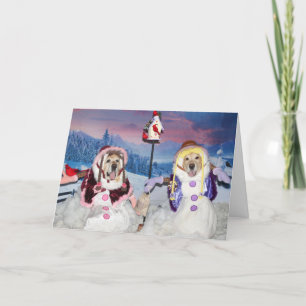 Cartes Pour Fêtes Annuelles Golden Retriever Snowwomen Feeding Birds