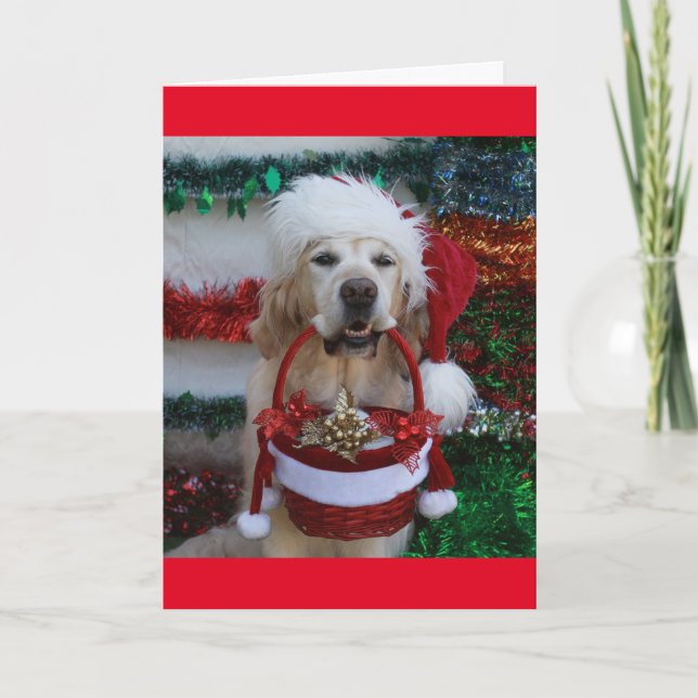 Cartes Pour Fêtes Annuelles Golden Retriever tenant un panier de Noël (Devant)