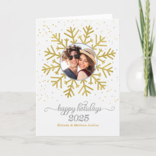Cartes Pour Fêtes Annuelles Golden Snowflake sur blanc avec photo Noël