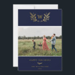 Cartes Pour Fêtes Annuelles Golden Winter Sprigs Monogramme Photo Bleu<br><div class="desc">Golden Sprigs monogramme hiver,  carte photo de vacances en bleu festif. Fonctionnalités de carte correspondant à la sauvegarde motif et plusieurs lignes de modèle pour votre salutation personnalisée.</div>