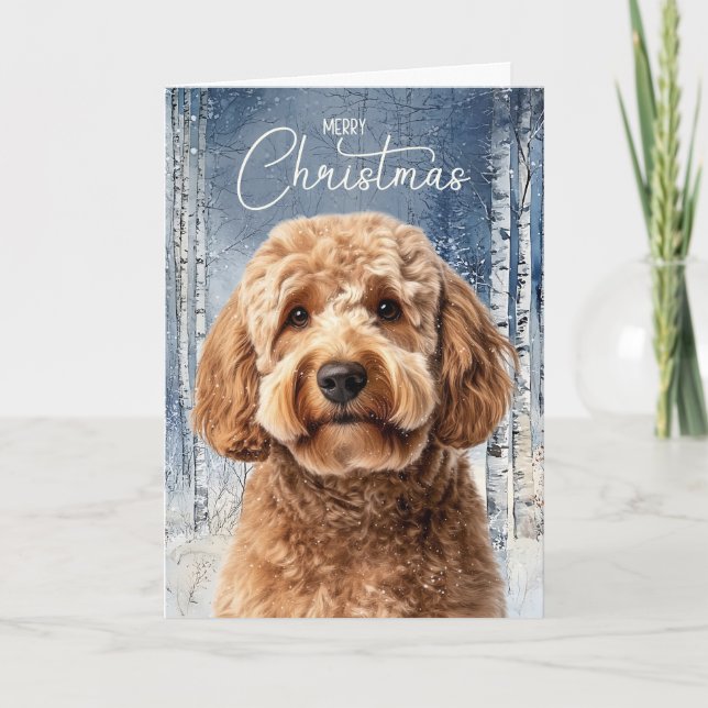 Cartes Pour Fêtes Annuelles Goldendoodle Dog Snowy Winter Forest Christmas (Devant)