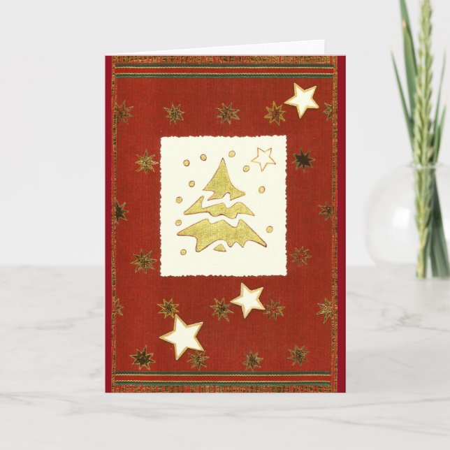Cartes Pour Fêtes Annuelles GOLDENER WEIHNACHTSBAUM ABSTRAKT auf Rot-Braun (Devant)
