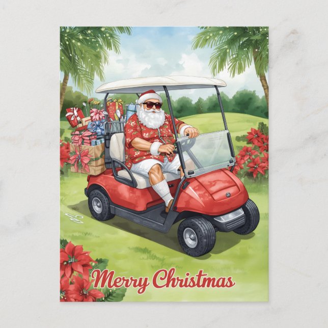 Cartes Pour Fêtes Annuelles  Golf ChristmasSanta driving golf cart (Devant)