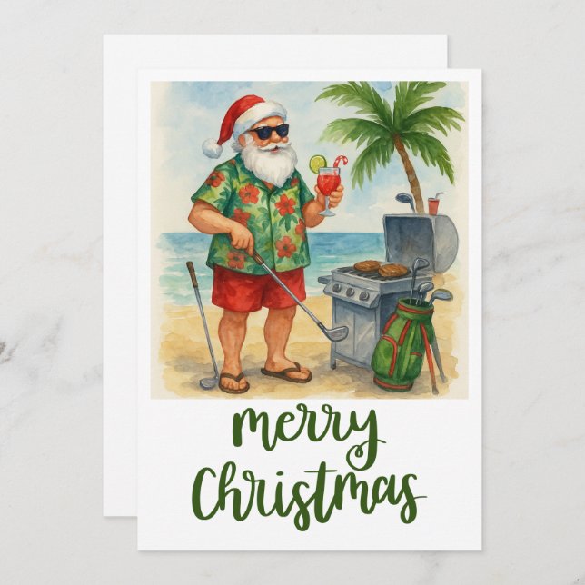 Cartes Pour Fêtes Annuelles Golf Joyeux Noël Père Noël Golfer Beach thème (Devant / Derrière)