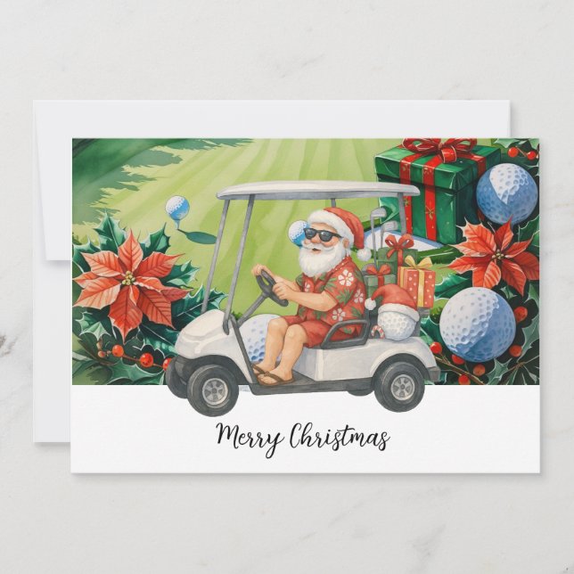 Cartes Pour Fêtes Annuelles Golf Père Noël conduisant une voiturette de golf s (Devant)