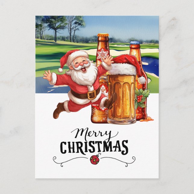 Cartes Pour Fêtes Annuelles Golf Père Noël et bière pour Noël amusant (Devant)