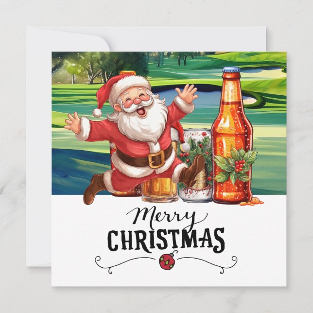Cartes Pour Fêtes Annuelles Golf Père Noël et bière pour Noël Funny Golfer (Devant)