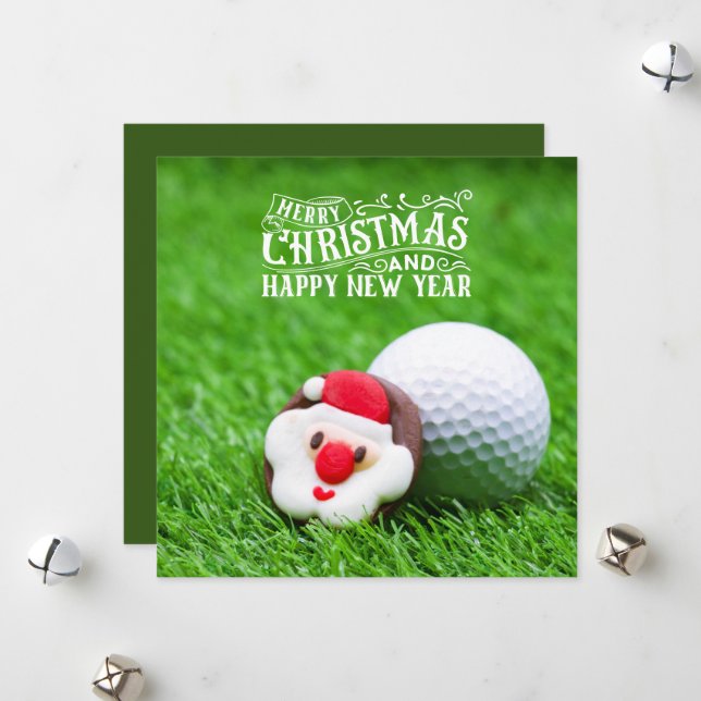 Cartes Pour Fêtes Annuelles Golf Santa Claus tête avec balle de golf Noël (Devant/Arrière en situation)