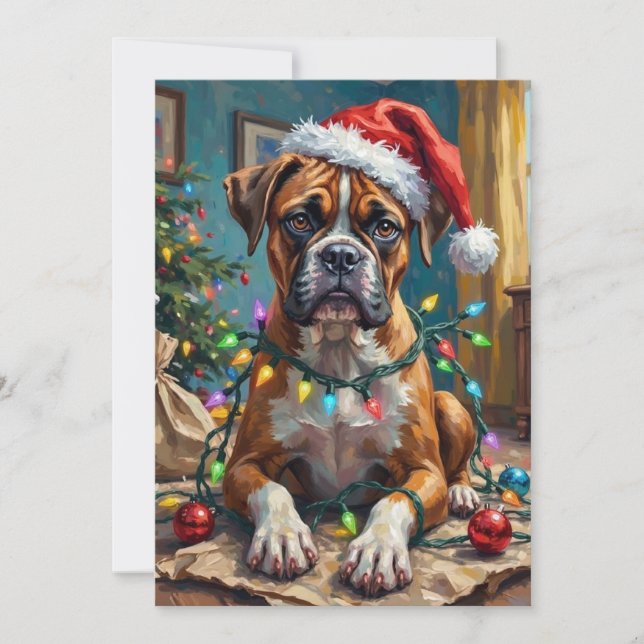 Cartes Pour Fêtes Annuelles Goofy Boxer Dog Tangled in Christmas Lights (Devant)