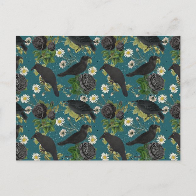 Cartes Pour Fêtes Annuelles Goth Crows et Roses noirs Profond Turquoise Motif (Devant)