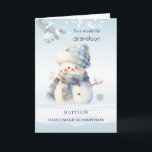Cartes Pour Fêtes Annuelles Grand-fils Blue Christmas Snowman<br><div class="desc">Carte de Noël avec petit bonhomme de neige bleu,  brindille de pin argenté et bauble.</div>