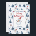 Cartes Pour Fêtes Annuelles Grand-fils Joyeux Noël Snowman Flat<br><div class="desc">Une belle petite-fille carte de Noël plat. Design motif met en vedette de mignons bonhommes de neige portant des chapeaux et des écharpes en santa rouge et des sapins recouverts de neige bleue sur un arrière - plan enneigé. Tout le texte peut être modifié au besoin pour customiser - changer...</div>