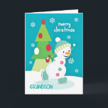 Cartes Pour Fêtes Annuelles Grand-fils Noël Snowman Patinage sur glace<br><div class="desc">Une carte de Noël super mignonne et colorée pour un jeune grand-fils avec un adorable snowman patin sur un petit étang et un sapin de Noël à trois niveaux coloré avec des flocons de neige parsemé sur un arrière - plan turquoise. Snowman avec l'aimable autorisation de PrettyGrafik.</div>
