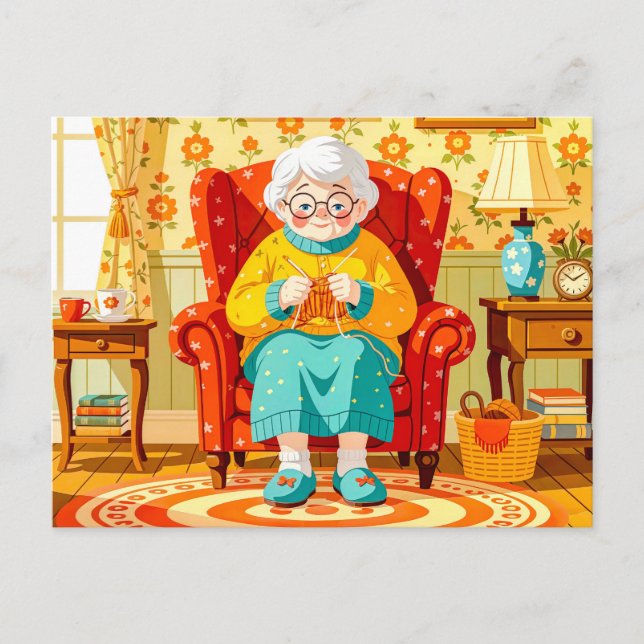 Cartes Pour Fêtes Annuelles Grand-mère tricote dans un fauteuil – Illustration (Devant)