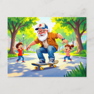 Cartes Pour Fêtes Annuelles Grand-père pratiquant le skateboard avec petit-fil