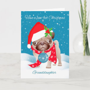 Cartes Pour Fêtes Annuelles Granddaughter, Pug Dog With Cute Santa Hat And Orn
