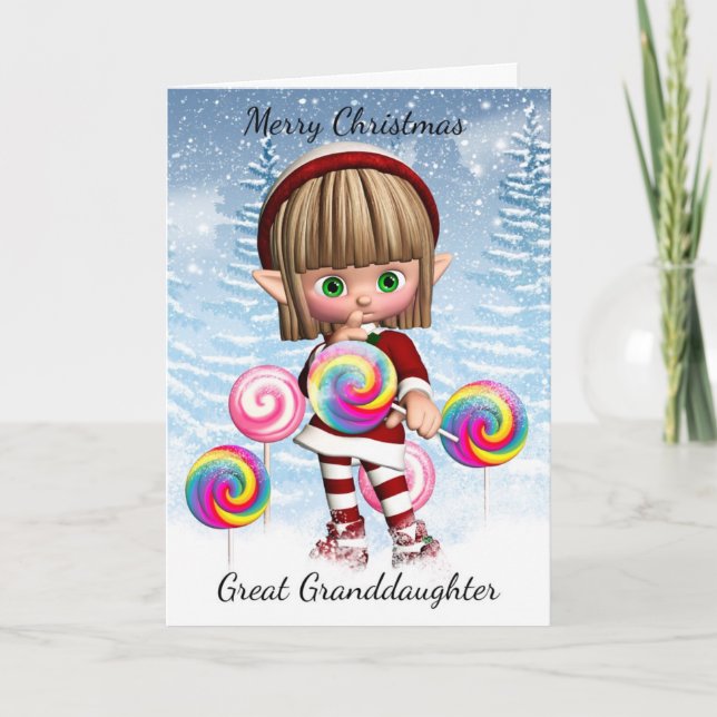 Cartes Pour Fêtes Annuelles Grande Petite-Fille Petit Elfe Avec Bonbons Pops (Devant)
