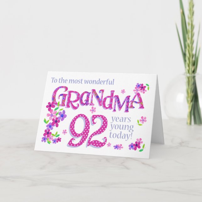 Cartes Pour Fêtes Annuelles Grandma's 92nd Birthday Word Art with Flowers Card (Devant)
