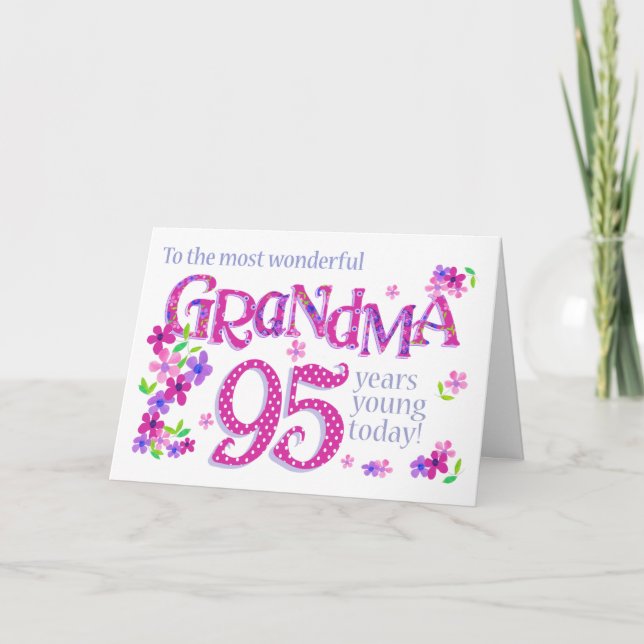 Cartes Pour Fêtes Annuelles Grandma's 95th Birthday Word Art with Flowers Card (Devant)