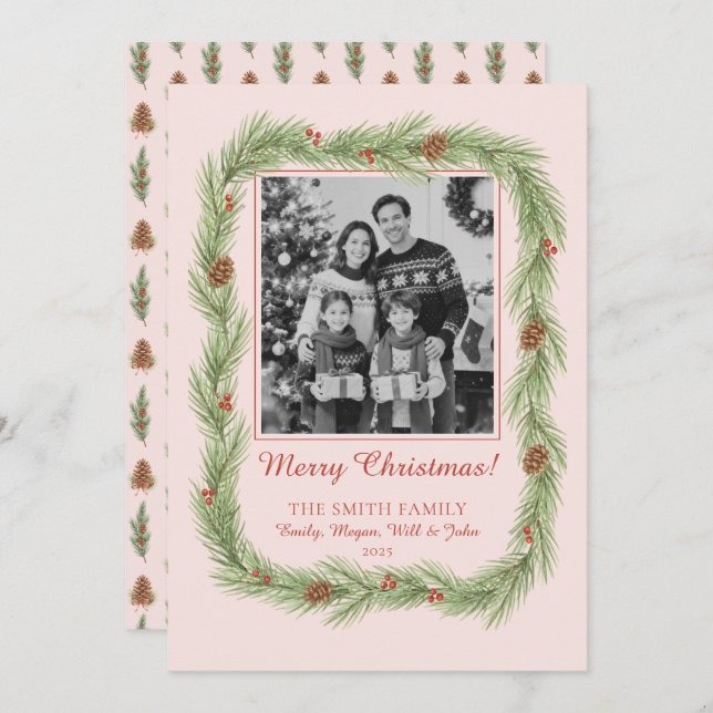 Cartes Pour Fêtes Annuelles Grandmillennial Christmas Garland & Pinecone Photo (Devant / Derrière)