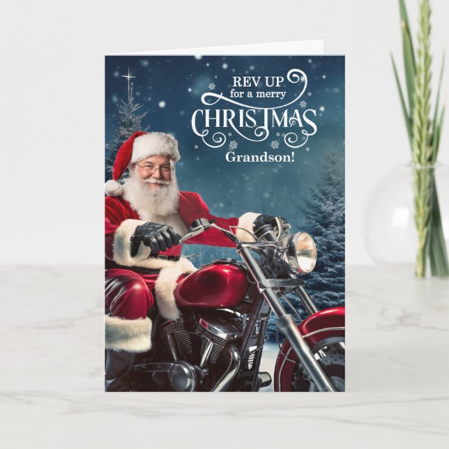 Cartes Pour Fêtes Annuelles Grandson Biker Père Noël Noël avec Pins d'hiver (Devant)