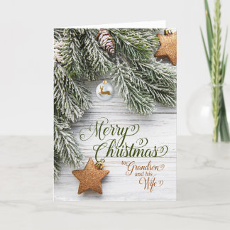 Cartes Pour Fêtes Annuelles Grandson et sa femme Noël Snowy Pine and Stars