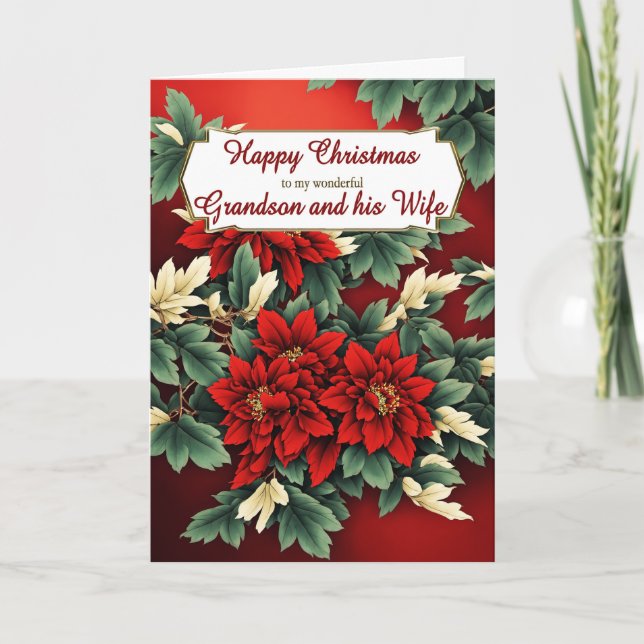 Cartes Pour Fêtes Annuelles Grandson et sa femme Poinsettias de Noël (Devant)