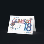 Cartes Pour Fêtes Annuelles Grandson's 18th Birthday Stars and Word Art Card<br><div class="desc">Un design "word art" coloré pour le 18ème anniversaire de votre petit-fils avec des lettres remplies de motifs et des étoiles décoratives. L'accueil de couverture est : "À un GRANDSON 18 AUJOURD'HUI très spécial !" rouge vif, bleu et jaune. Le mot "GRANDSON" est très grand et les lettres sont remplies...</div>