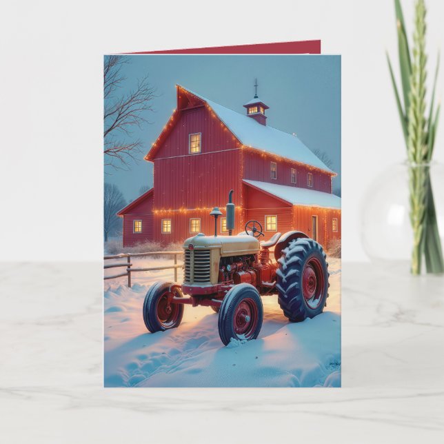 Cartes Pour Fêtes Annuelles Grange rouge de Noël avec tracteur antique (Devant)