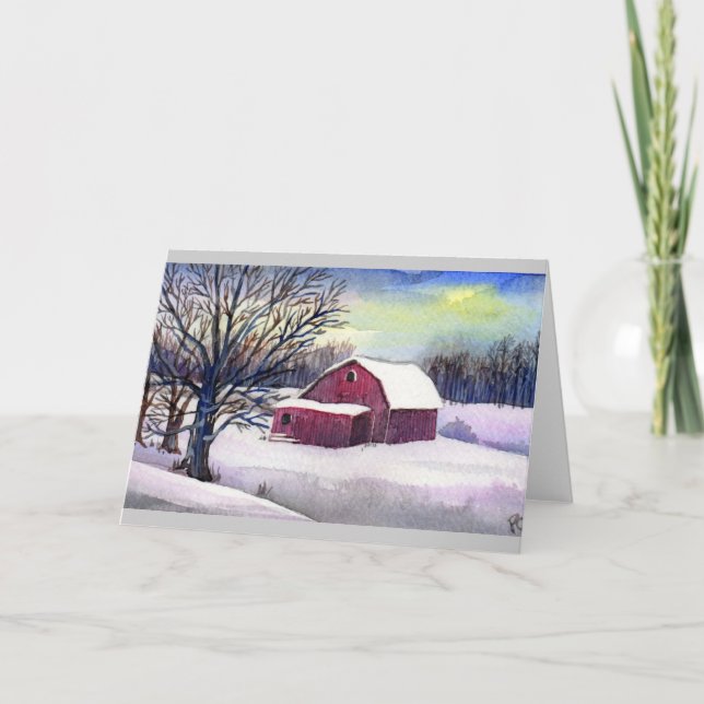 Cartes Pour Fêtes Annuelles Grange rouge en neige (Devant)