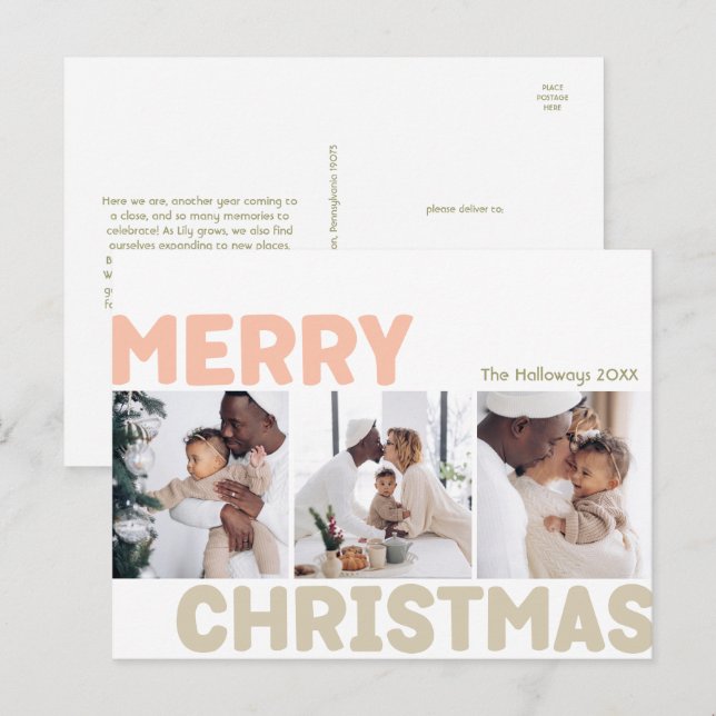 Cartes Pour Fêtes Annuelles Gras moderne Joyeux Noël année en revue 3 Photo (Devant / Derrière)