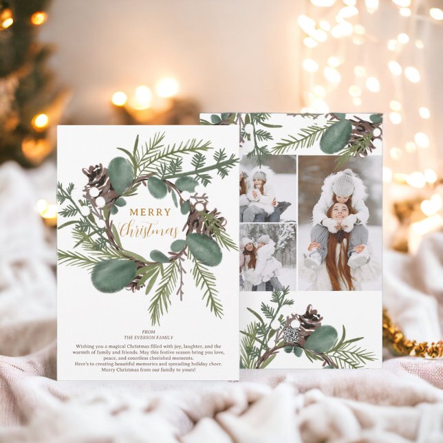 Cartes Pour Fêtes Annuelles Gras moderne vert couronnes 3 photos Noël (Modern Bold green wreath 3 photos Christmas Holiday Card)