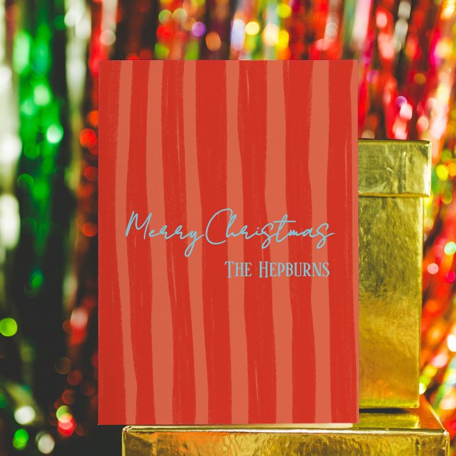 Cartes Pour Fêtes Annuelles Gras Rouge à la main tirage photo Noël (Cheerful and bold, this photo holiday card features playful typography and red hand-drawn stripes.)