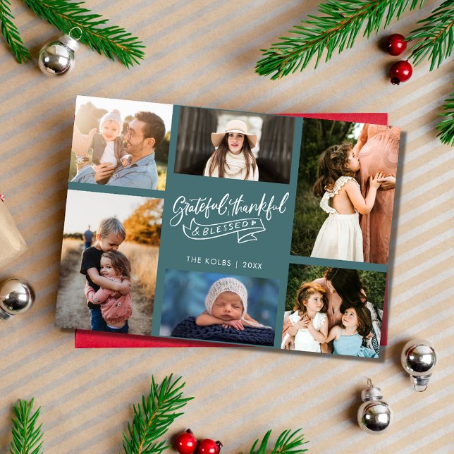 Cartes Pour Fêtes Annuelles Grateful Blessé Famille Photo Turquoise Plaid Noël (Grateful Blessed Family Photo Teal Plaid Christmas Holiday Card)