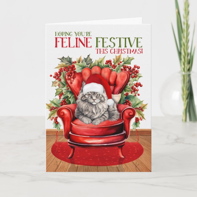 Cartes Pour Fêtes Annuelles Gray Longhair Noël Chat FELINE Festive (Devant)
