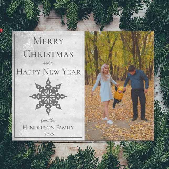 Cartes Pour Fêtes Annuelles Gray Modern Snowflake Photo (Gray Modern Snowflake Photo Holiday Card)