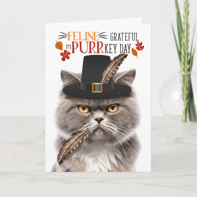 Cartes Pour Fêtes Annuelles Gray Perse chat Grateful pour PURRkey Day (Devant)