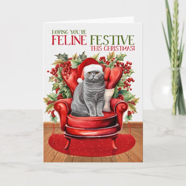 Cartes Pour Fêtes Annuelles Gray Scottish Pold Christmas Cat FELINE Festin (Devant)