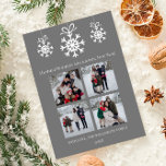 Cartes Pour Fêtes Annuelles Gray Snowflake Ornements Photo Collage<br><div class="desc">Célébrez la saison avec cette carte de vacances Gray Snowflake Ornaments Photo Collage, conçue pour partager votre joie festive. Ce salut photo de vacances présente un agencement élégant avec des flocons de neige blancs délicats dans un décor de flocon de neige charmant, mettant en valeur un collage en quatre photos...</div>