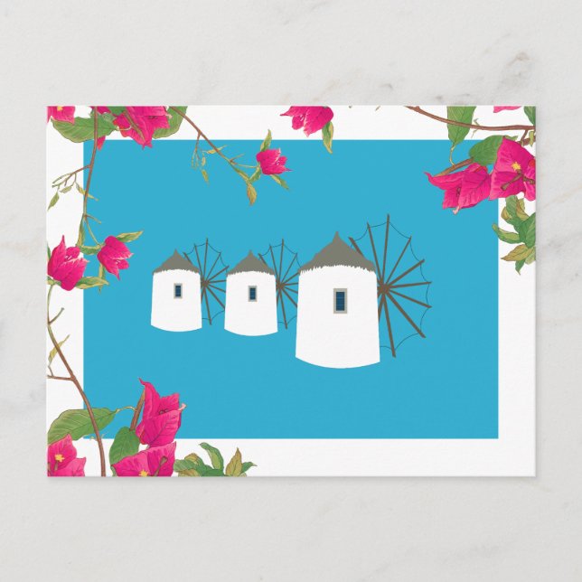 Cartes Pour Fêtes Annuelles Grèce Bougainvillée Île grecque Moulins à vent (Devant)