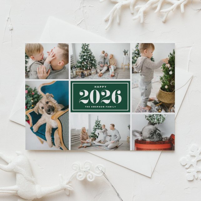 Cartes Pour Fêtes Annuelles Green 2025 Happy New Year Photo Collage (Send 2026 new year cheer with this customizable green photo collage Happy New Year Card. )