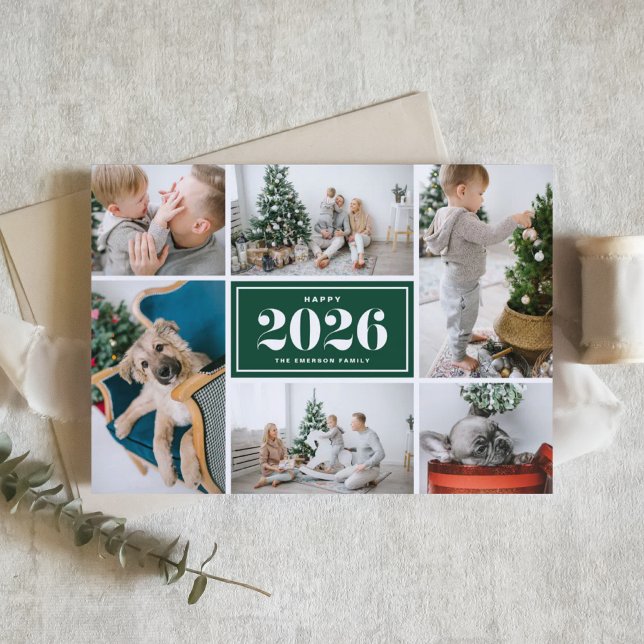 Cartes Pour Fêtes Annuelles Green 2025 Happy New Year Photo Collage (Send 2026 new year cheer with this customizable green photo collage Happy New Year Card. )