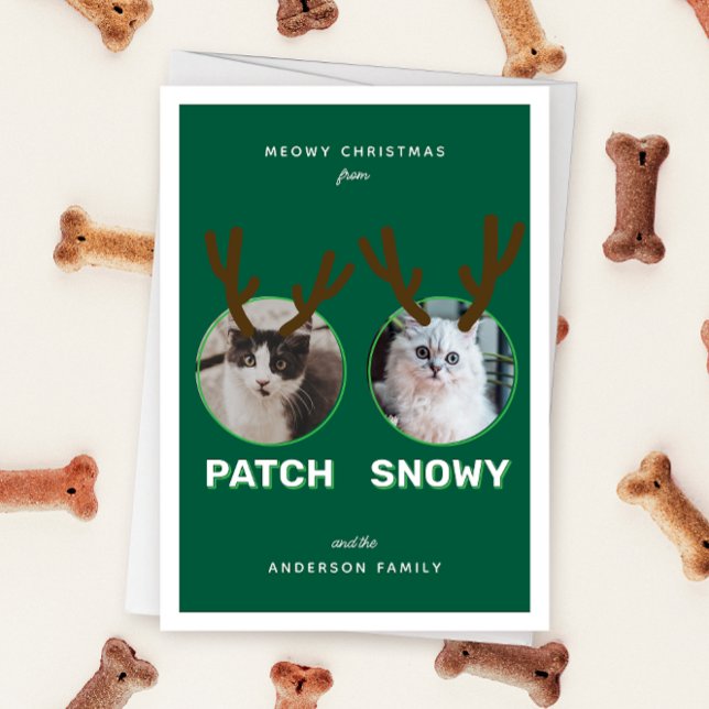 Cartes Pour Fêtes Annuelles Green 2 Pet Photo Meowy Christmas Holiday Card (Green two photo pet Christmas holiday card with message "Howly Holidays" with two sets of antlers)