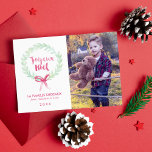 Cartes Pour Fêtes Annuelles Green and Red Watercolor Wreath Joyeux Noël Photo<br><div class="desc">These beautiful and trendy Christmas and New Years greeting cards feature a sweet illustration of a watercolor Christmas wreath. Personalize these cards with your family photo and personal message for a one of a kind design that your friends and family will love and cherish.</div>