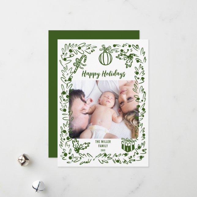 Cartes Pour Fêtes Annuelles Green and white whimsical Christmas Photo Card (Devant/Arrière en situation)