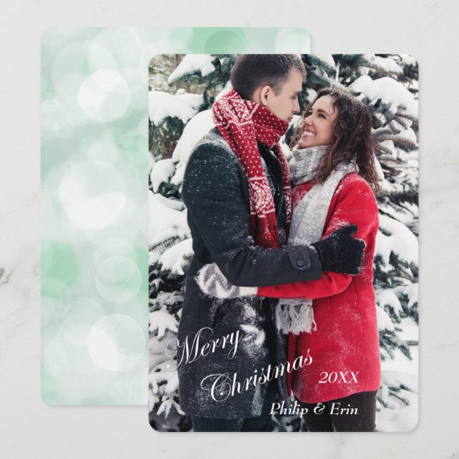 Cartes Pour Fêtes Annuelles Green Bokeh White Typographie Noël moderne (Devant / Derrière)