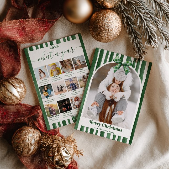 Cartes Pour Fêtes Annuelles Green Bow Stripe Plaid Christmas Photo Year Review (Green Bow Stripe Plaid Christmas Photo Year Review Holiday Card)