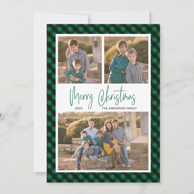 Cartes Pour Fêtes Annuelles Green Buffalo Check 3 Photo Collage Christmas (Devant)